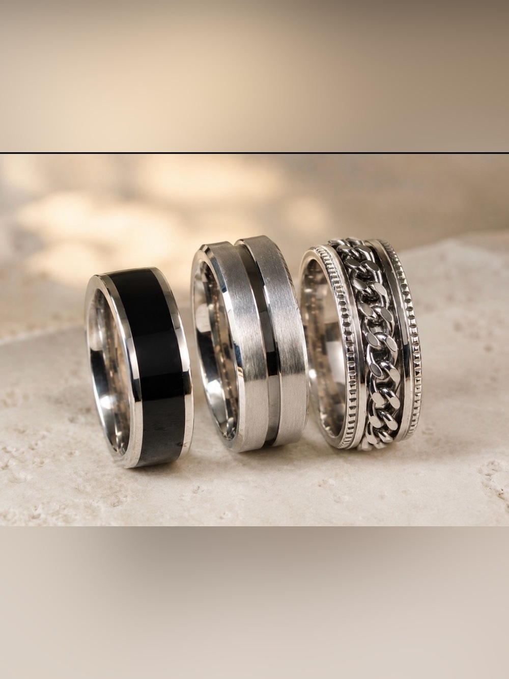 Size 13 Fashion Ring Lot of 3–Fidget Spinner Chain Ring Black & Silver Tone. BR